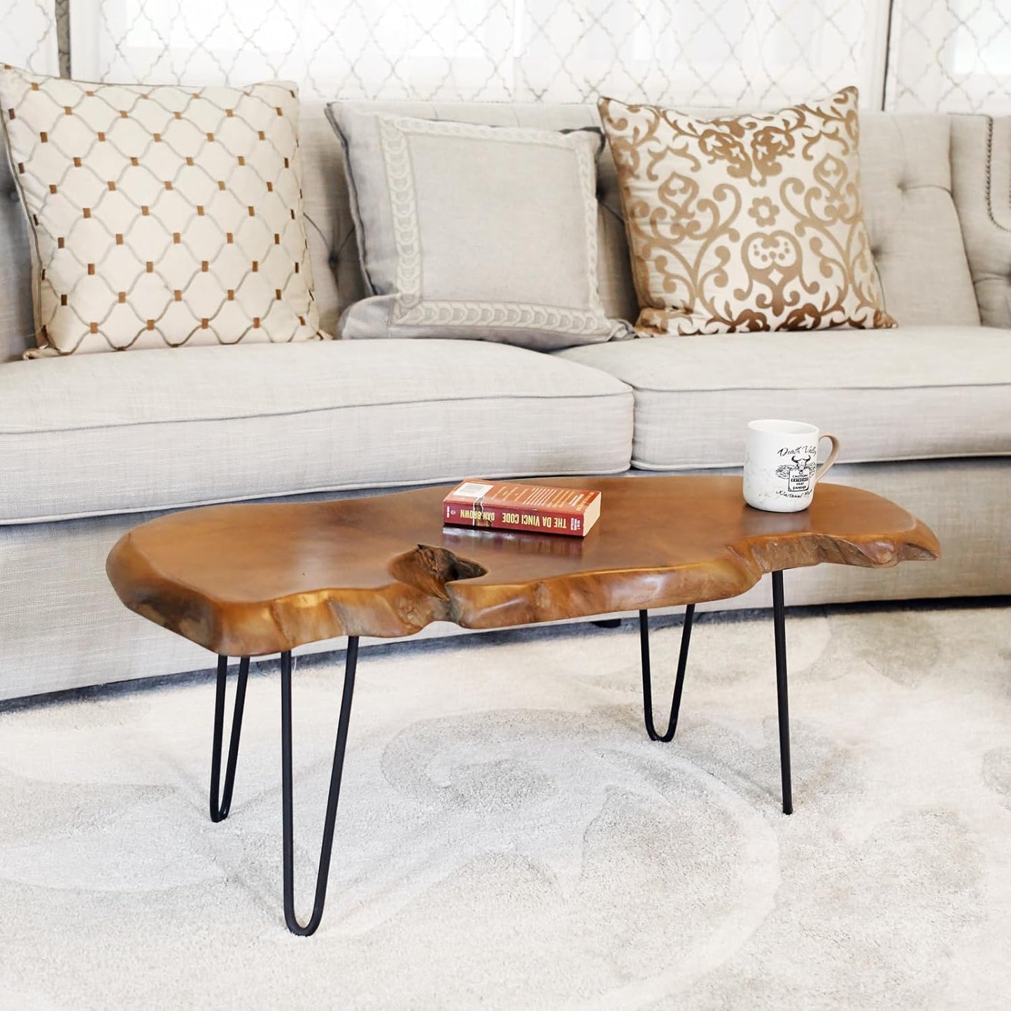 Live Edge Coffee Table – Natural Teak Wood Top with Hairpin Legs (Hand-Carved Statement Piece)