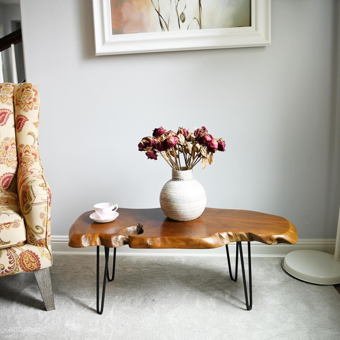 Live Edge Coffee Table – Natural Teak Wood Top with Hairpin Legs (Hand-Carved Statement Piece)