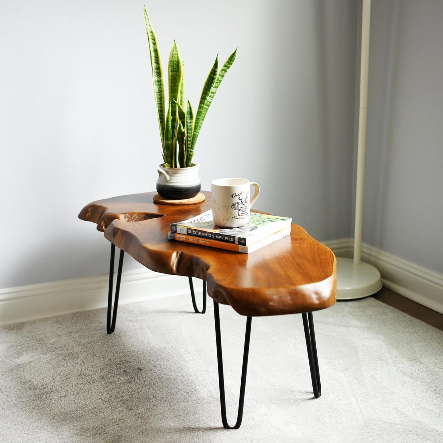 Live Edge Coffee Table – Natural Teak Wood Top with Hairpin Legs (Hand-Carved Statement Piece)