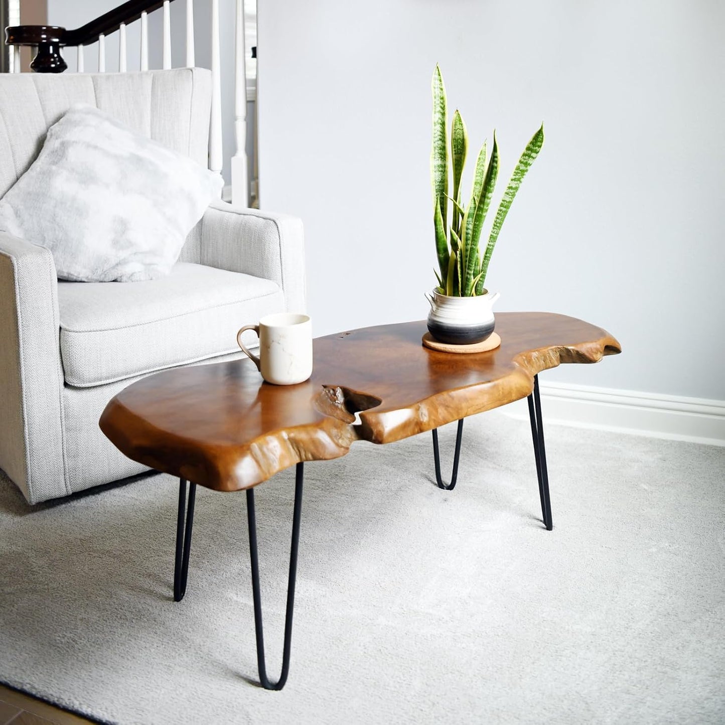 Live Edge Coffee Table – Natural Teak Wood Top with Hairpin Legs (Hand-Carved Statement Piece)