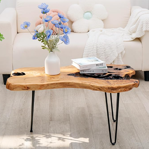 Live Edge Coffee Table – Solid Cedar Wood with Hairpin Legs (Rustic Natural Finish)