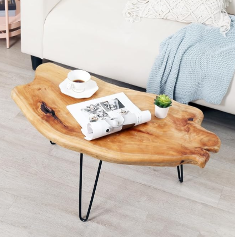 Live Edge Coffee Table – Solid Cedar Wood with Hairpin Legs (Rustic Natural Finish)