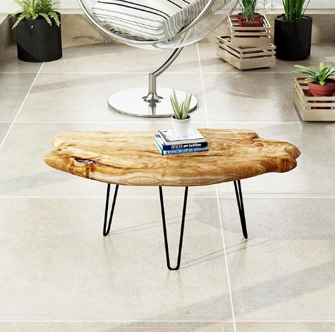 Live Edge Coffee Table – Solid Cedar Wood with Hairpin Legs (Rustic Natural Finish)