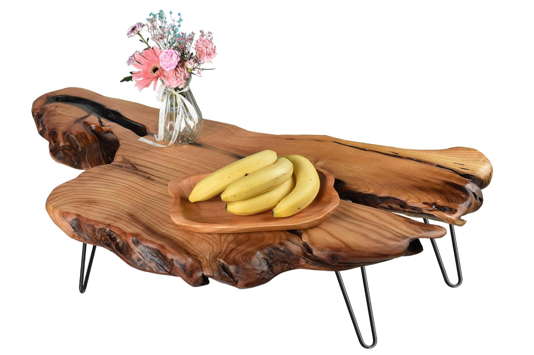 Live Edge Coffee Table – Solid Wood Natural Slab with Hairpin Legs (Rustic Organic Finish)