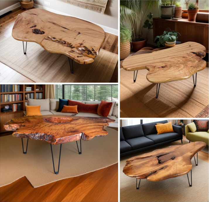 Live Edge Coffee Table – Solid Wood Natural Slab with Hairpin Legs (Rustic Organic Finish)