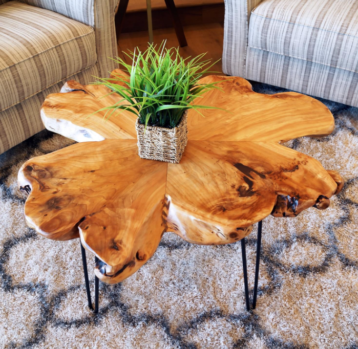 Live Edge Coffee Table – Reclaimed Cedar Wood Petal Design with Hairpin Legs