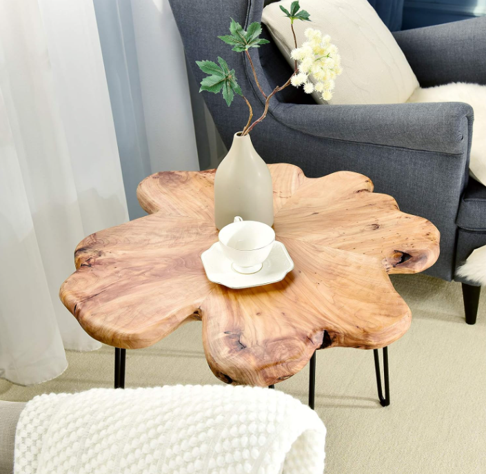 Live Edge Coffee Table – Reclaimed Cedar Wood Petal Design with Hairpin Legs