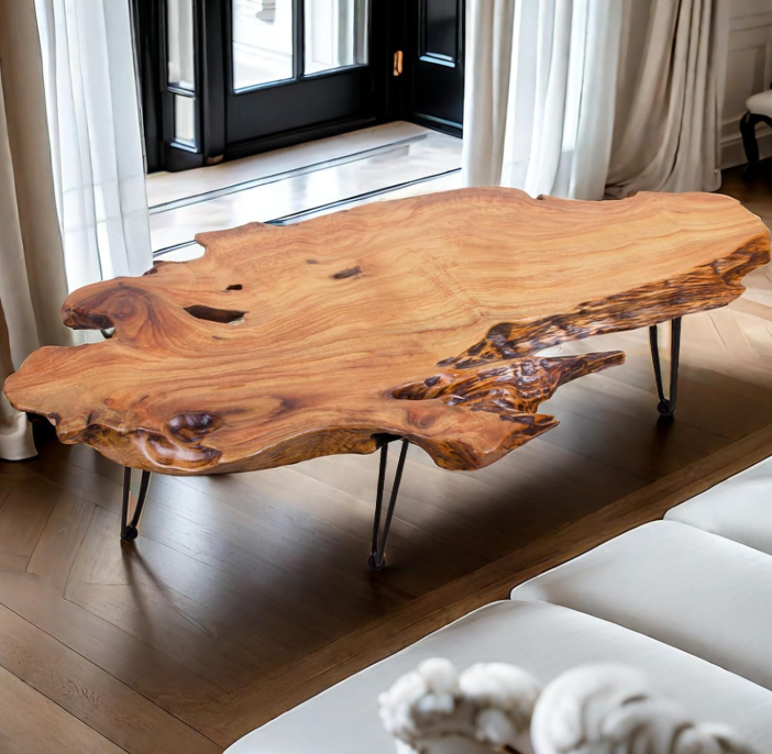 Live Edge Coffee Table – Natural Wood Top with Hairpin Legs (Artisan Boho Style)