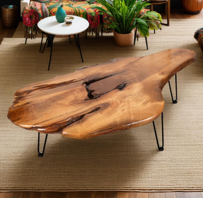 Live Edge Coffee Table – Natural Wood Top with Hairpin Legs (Artisan Boho Style)