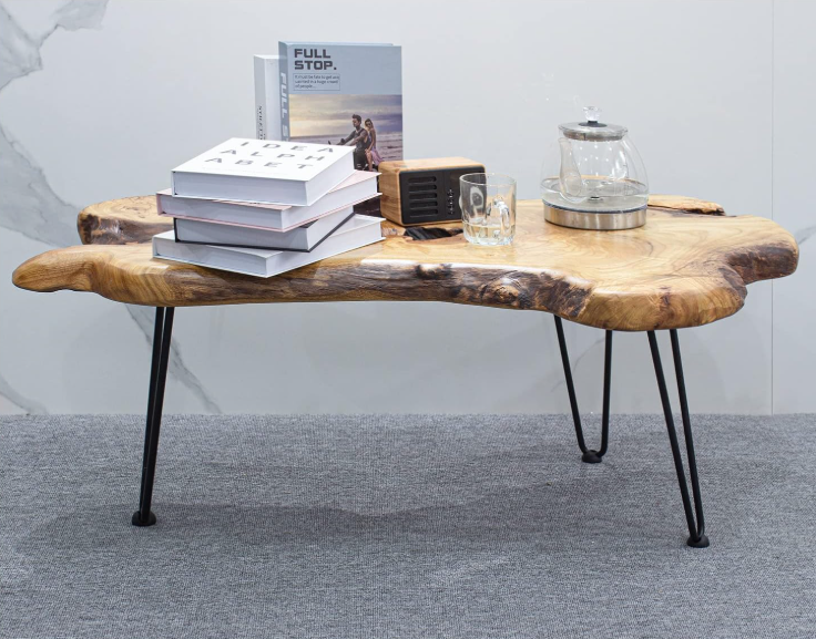 Live Edge Coffee Table – Solid Camphor Wood with Hairpin Legs (Unique Natural Finish)
