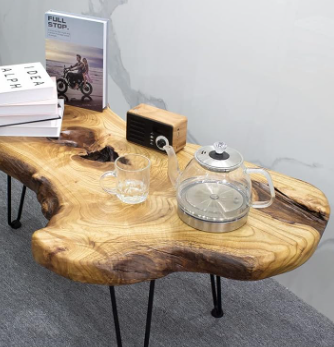 Live Edge Coffee Table – Solid Camphor Wood with Hairpin Legs (Unique Natural Finish)