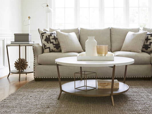 Round Coffee Table – Stone Top with Metal Frame & Wood Shelf