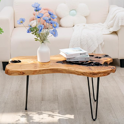 Live Edge Coffee Table – Solid Cedar Wood with Hairpin Legs (Rustic Natural Finish)