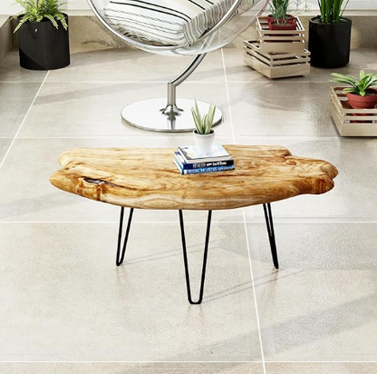 Live Edge Coffee Table – Solid Cedar Wood with Hairpin Legs (Rustic Natural Finish)