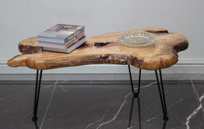 Live Edge Coffee Table – Solid Camphor Wood with Hairpin Legs (Unique Natural Finish)